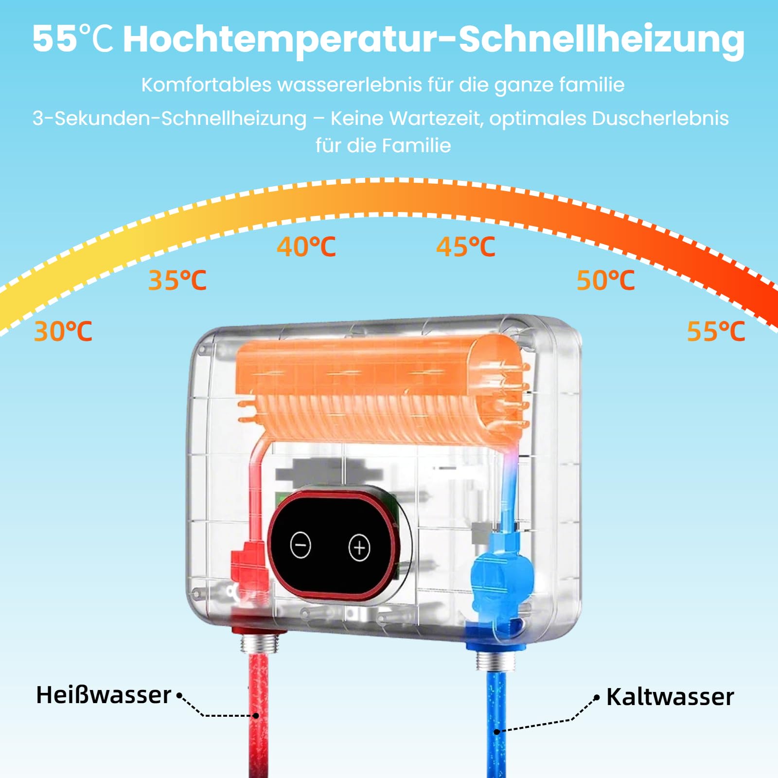Mini Durchlauferhitzer, 3500-5500W 220V Elektrische Warmwasserbereiter IPX4 Schutz mit LED-Temperaturanzeige, Plug-and-Play Heißwasser für Dusche, Küche, Bad