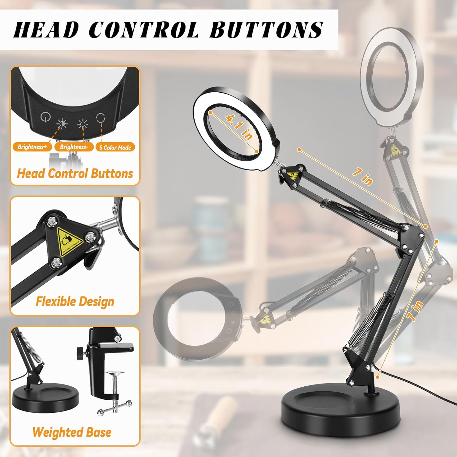 ITEFDTUTNE 10X Magnifying Glass with Light and Stand, 2-in-1 Desk Lamp with Clamp 5 Color Modes Stepless Dimmable Lamp, LED Lighted Magnifier with Light for Crafts Hobby Reading Sewing Repair Works