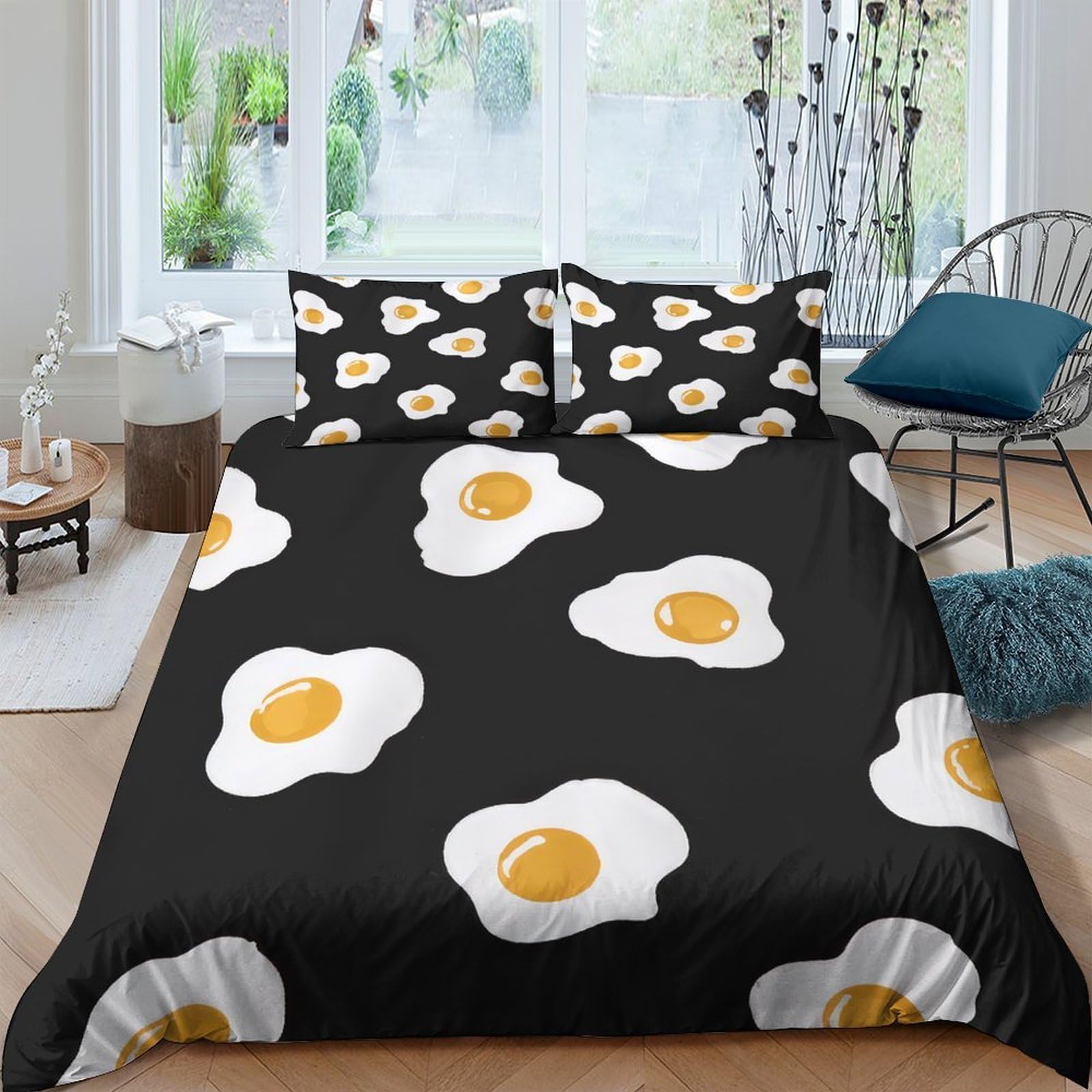 GPLZQXKJNH 3D Printed Fried Egg Pattern Duvet Cover Microfiber Black Bedding Set with 2 Pillowcases for Bedroom Soft Decor Single（135x200cm）