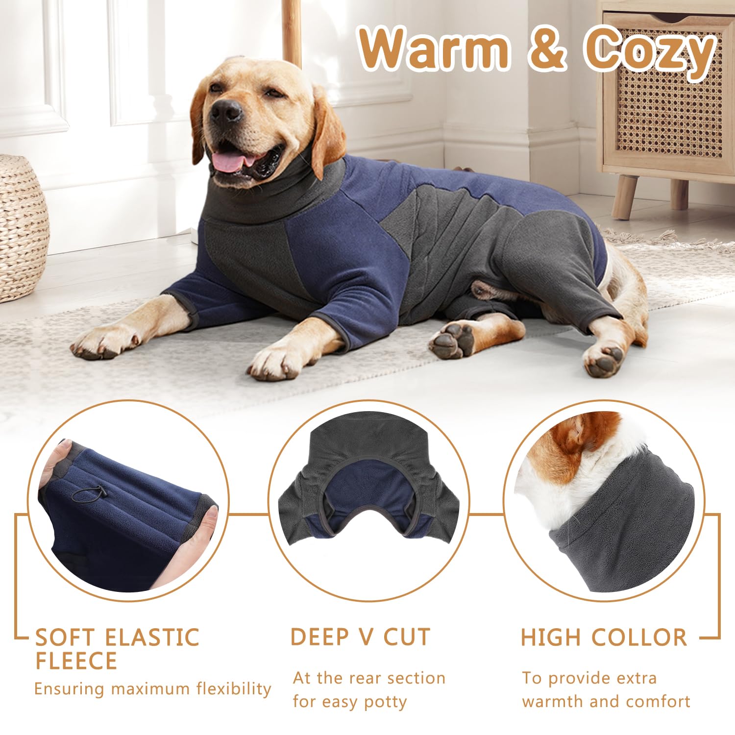 Due Felice Dog Winter Coat Warm Fleece Jacket for Small Medium Large Dog Full Body Dog Onesie with Legs Adjustable Pet Cold Weather Bodysuit Blue/Grey/L - Image 4