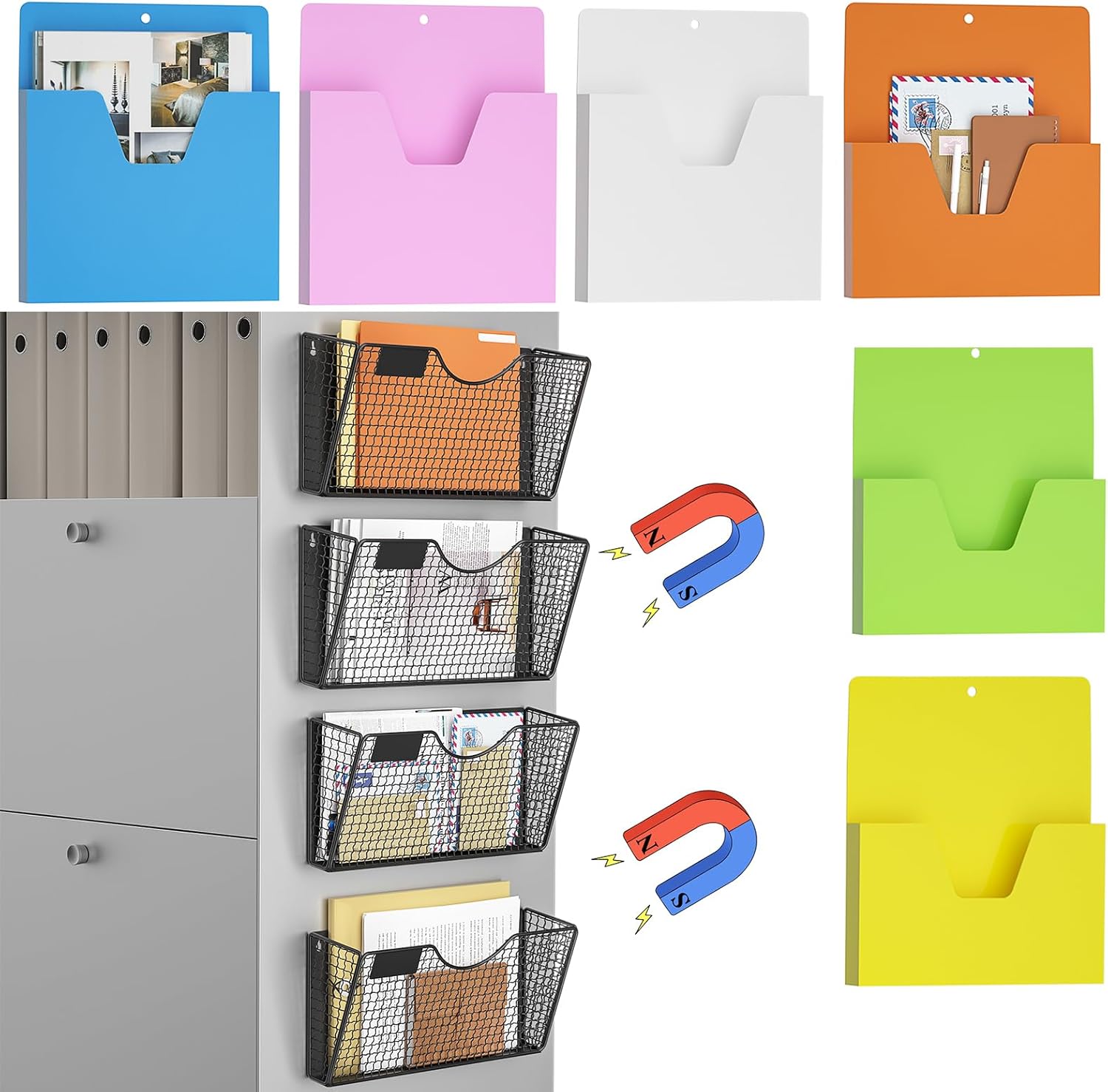 MFTEK Magnetic File Holder Metal 4 Pack and Colorful 6 Pockets, Mail Letter Organizer Wall Mount Rack - Office Supplies Storage - No Drilling design for File Cabinets Whiteboard, Refrigerator