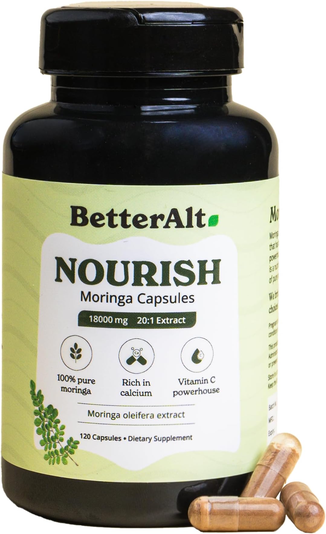 Better Alt Moringa Capsules 18000mg with 20:1 Extract,120| Rich in Calcium |100% Pure Moringa Leaf Powder Supplements | Vitamin C Powerhouse & Green Superfood