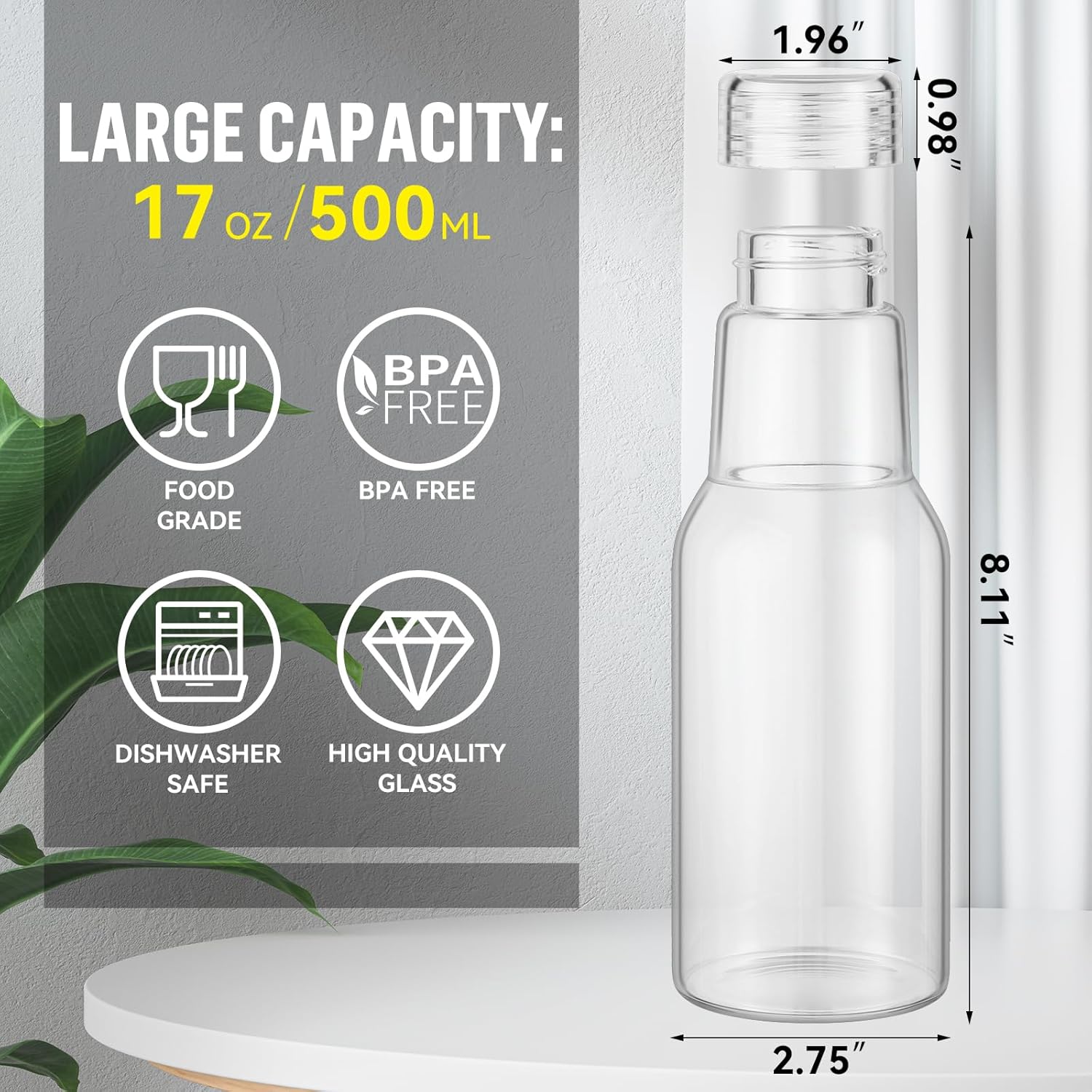 CWHHRN 17 Oz Glass Juice Bottles with Lids, Glass Bottles, BPA Free, Borosilicate Glass for Juicing, Smoothies, Infused Water, Beverage Storage, Shaker Bottles (4 Pack)