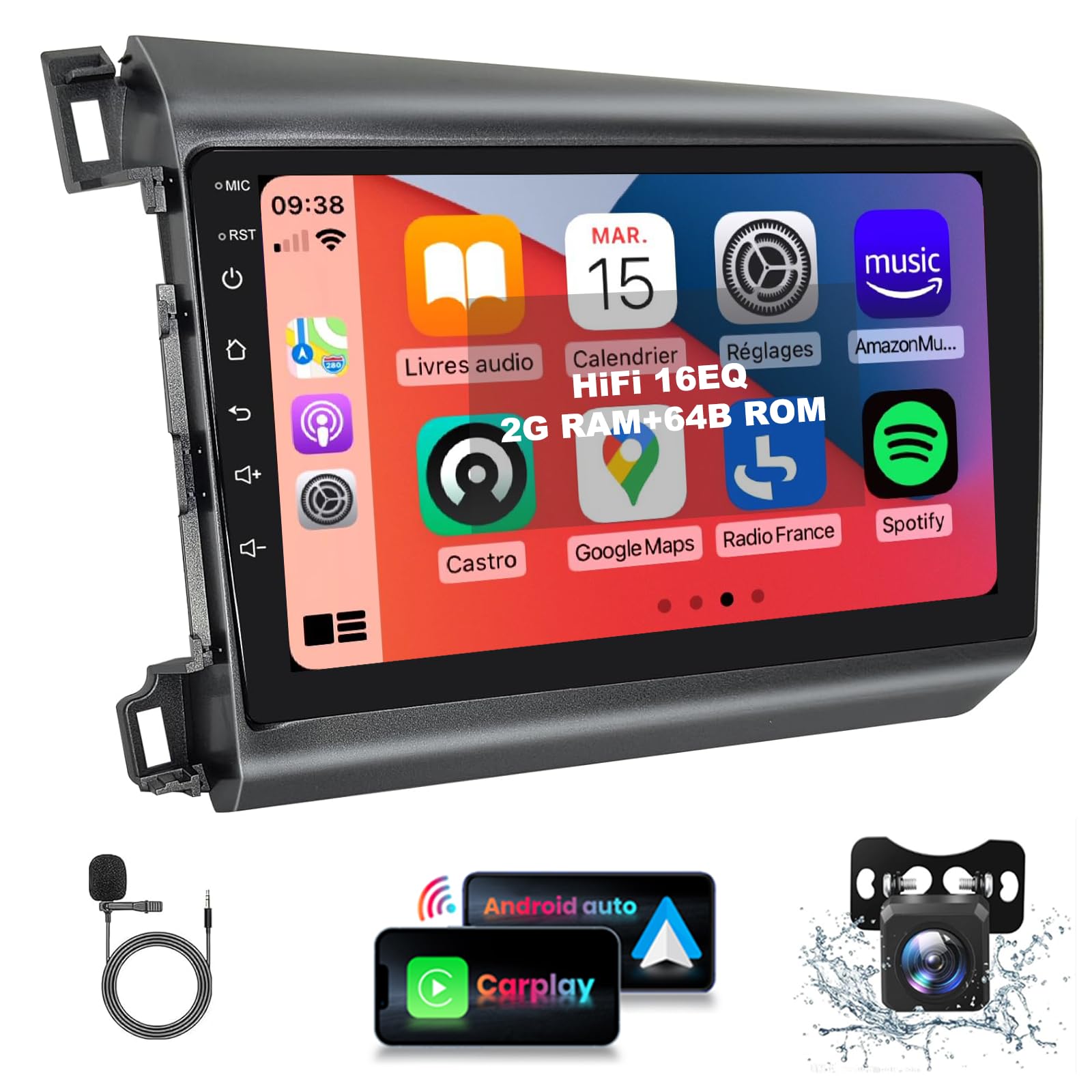2g+64g android car radio stereo for honda civic 2012 2013 2014 2015, wireless apple carplay android auto, podofo 9 inch touch screen bluetooth radio gps navigation wifi hifi usb swc backup camera