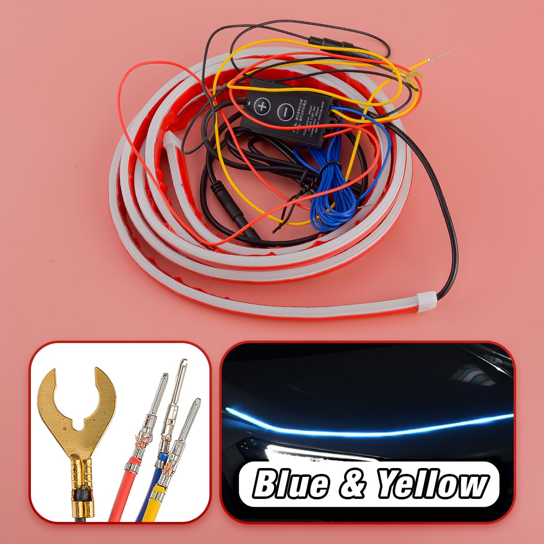 beler 2M Car Start Dynamic Flowing Blue & Yellow LED Hood Light Strip Daytime Running Light Turn Signal Lamp