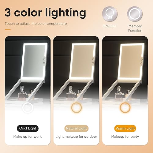 Miniatura 3 de Espejo de maquillaje con luces, espejo de maquillaje iluminado con aumento de 10X, espejo de viaje plegable, espejo de altura ajustable, iluminación