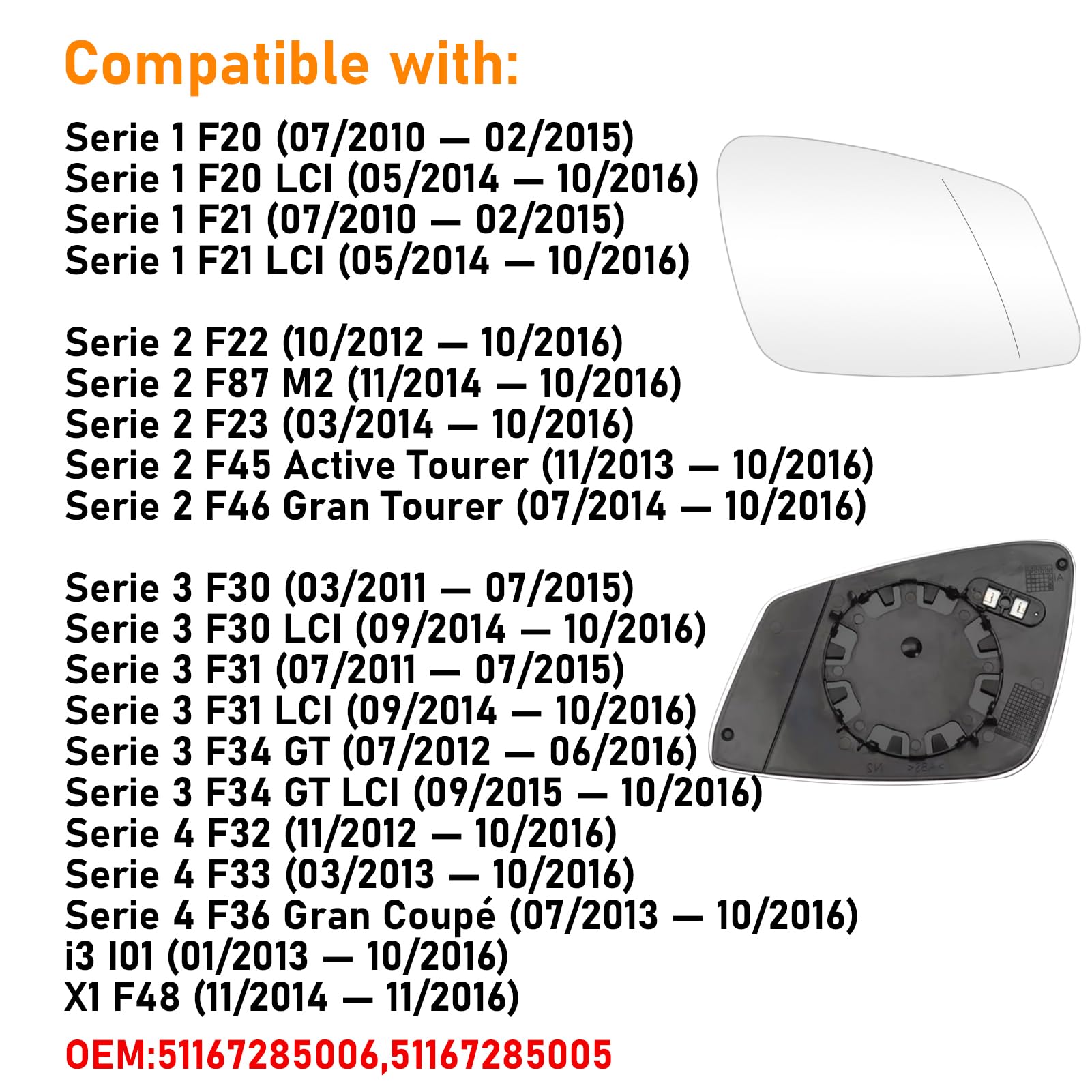 Rétroviseur Droit Bmw Série Altsbaos Verre Rétroviseur Droit Chauffant BMW - Compatible Série 1 2 3 4 5 6 X1 I3 Rétroviseur Chauffant Droit