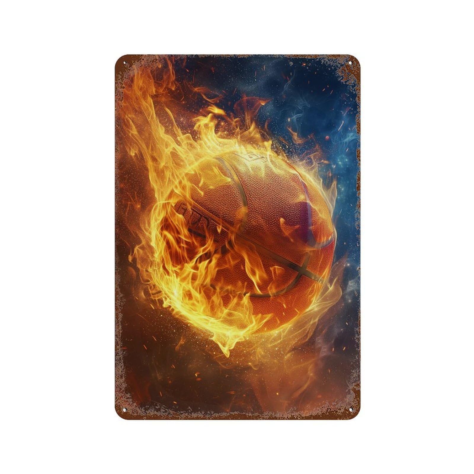Flaming Basketball Wallpaper Weathered Tin Sign 11.8"x7.9", Retro Wall Decor for Pub, Kitchen And Man Cave Decor