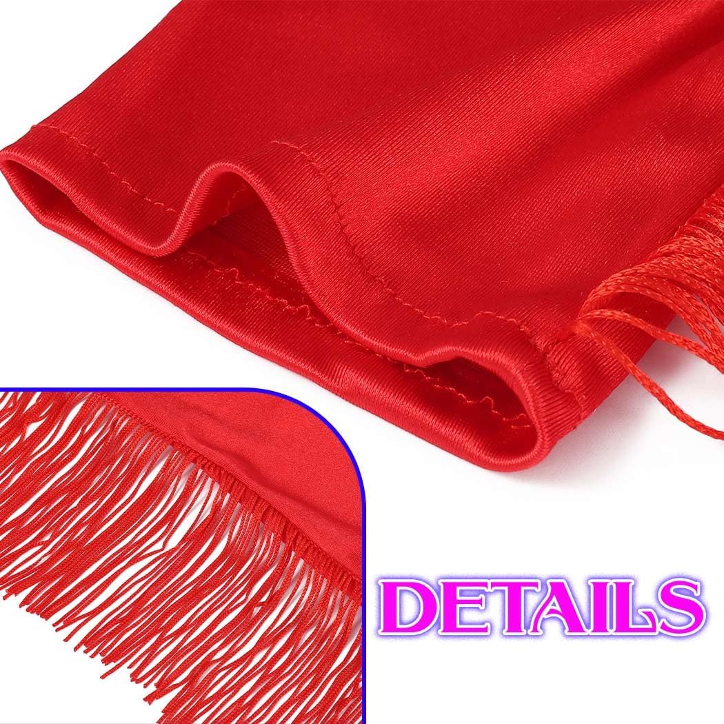 Red Fringe Christmas Gloves Long Stretchy Satin Gloves for Women - Image 3