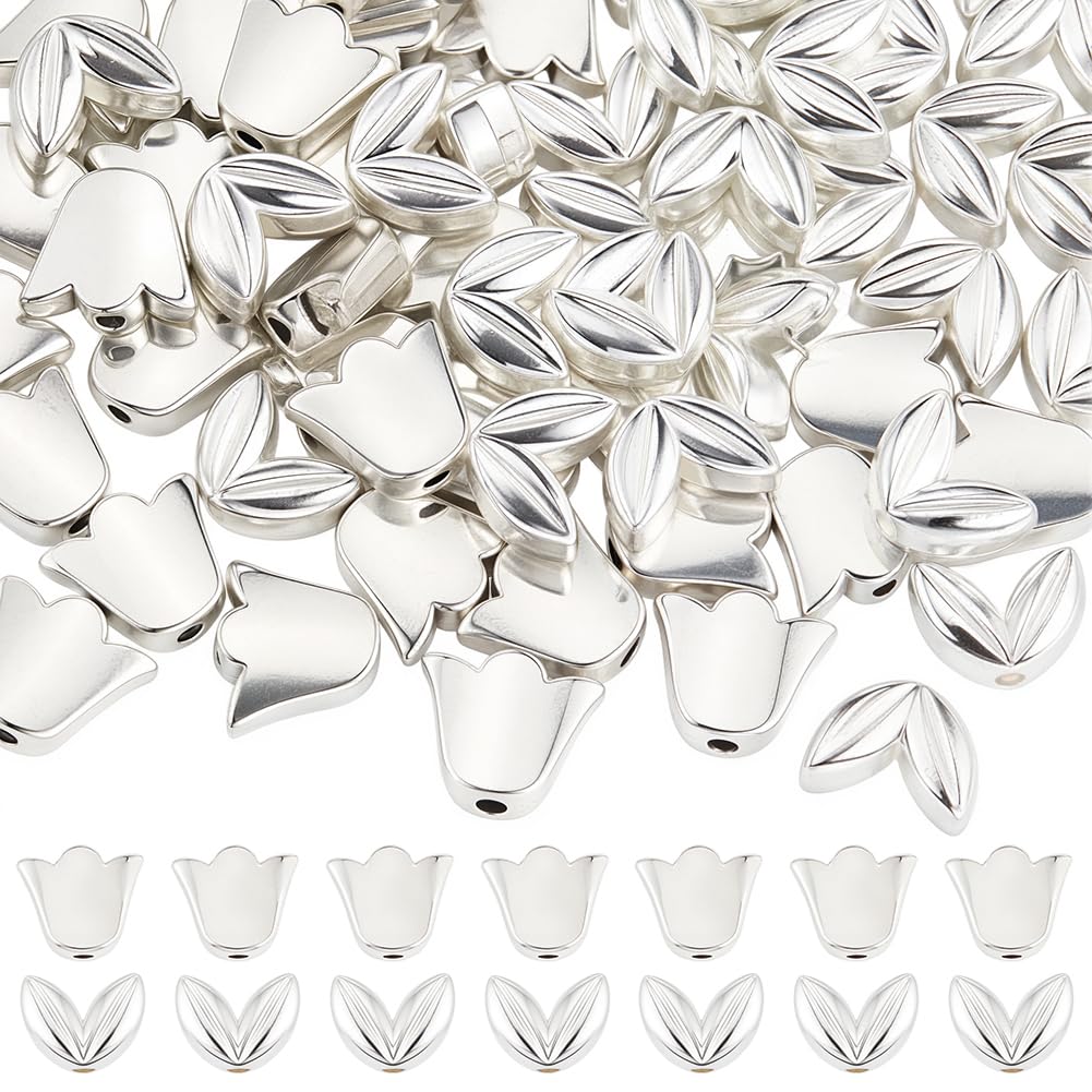 PONABEADIY 1 Box 80PCS Silver Tulip Flower Beads with Holes Tibetan Flowers Leaf Metal Leaves Alloy Floral Shape Spacer Loose Bead Charm Bulk for Jewellery Making Necklace Bracelet Diy Craft Supplies