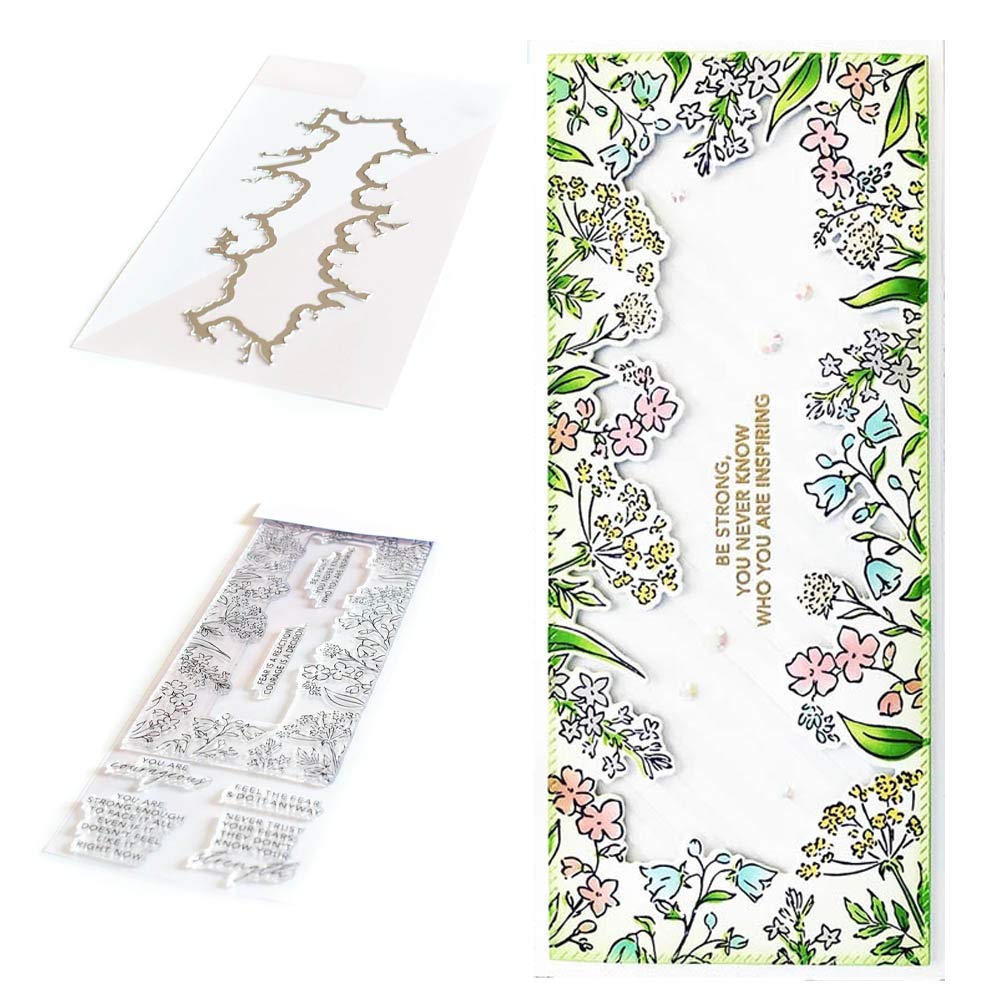 CYFUN DESIGN Embossing Flower Border Frame Dies and Stamp Sets for Card Making New Blossom Floar Metal Cutting Punch Template Courage Words Phrase Clear Stamps DIY Scrapbooking Paper Crafting