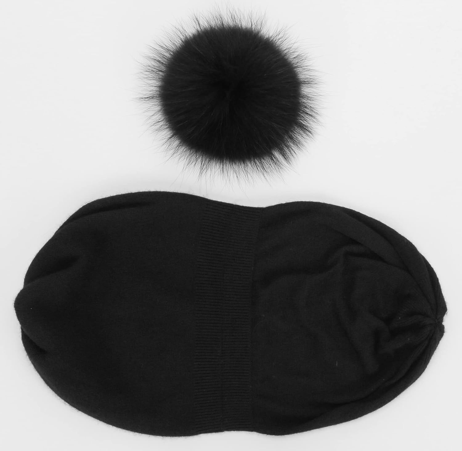 Women's Real Fur Pom Pom Cashmere Wool Blend Winter Slouchy Knit Beanie Hat with Real Pom Pom Beanie Hat - Image 4