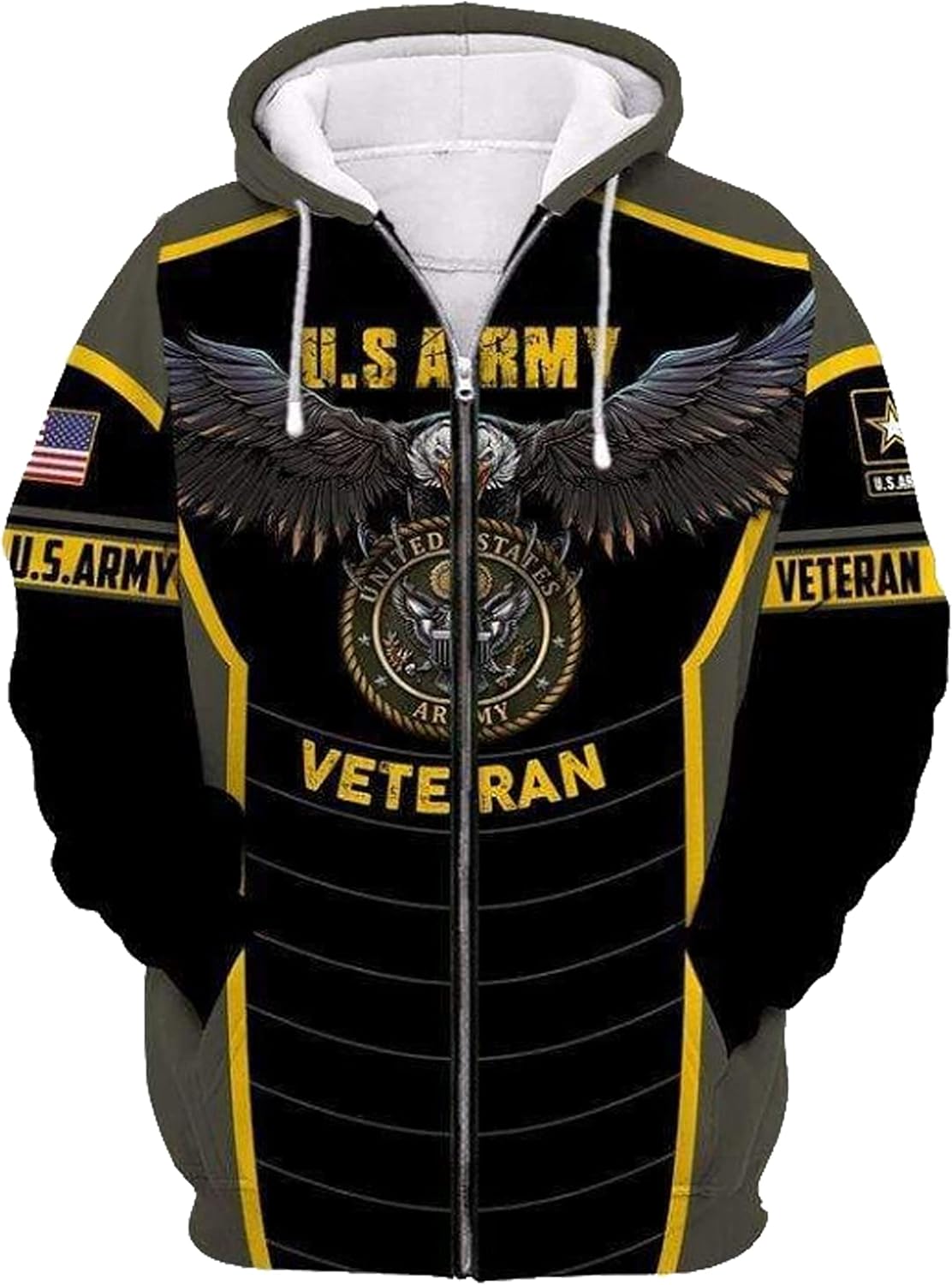 Sudadera con capucha y cremallera de la bandera estadounidense con estampado de águila veterana del ejército estadounidense, tallas S-5XL, Multi