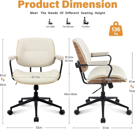 Office Computer Desk Chair Mid Century Modern Office Chair Swivel Rolling Task Chair with Armrests and Walnut Back, Adjustable, 360 Swivel for Home Office Beige
