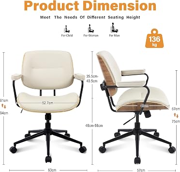 Office Computer Desk Chair Mid Century Modern Office Chair Swivel Rolling Task Chair with Armrests and Walnut Back, Adjustable, 360 Swivel for Home Office Beige