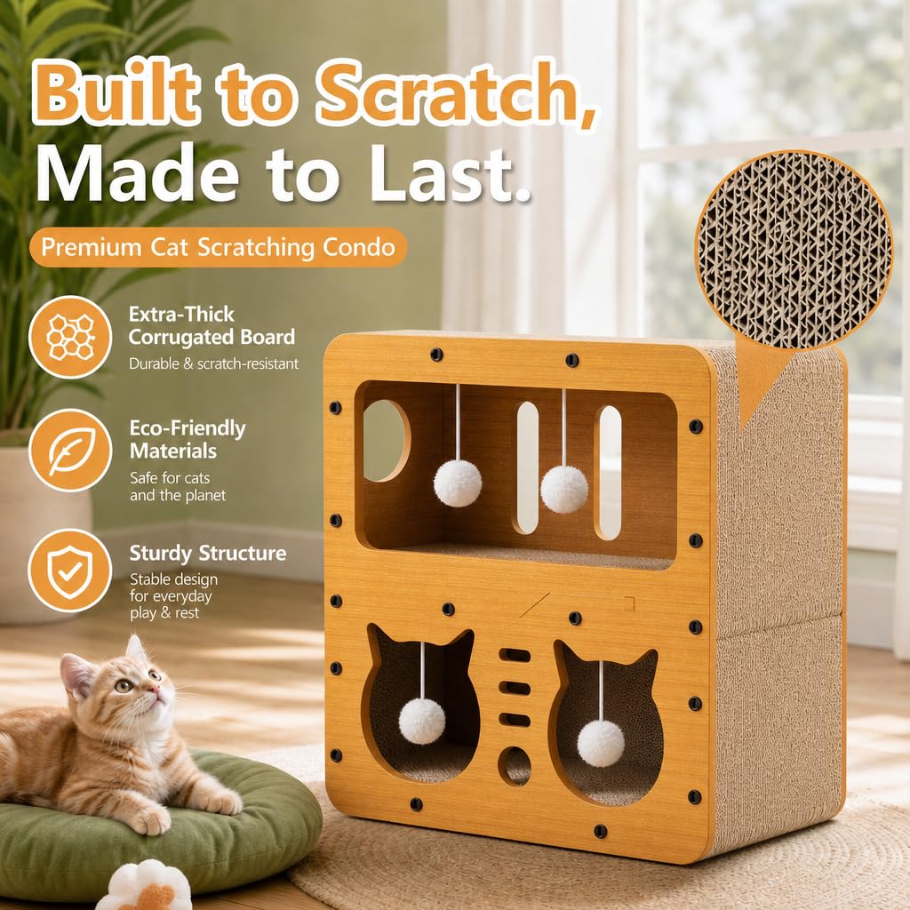 Casa tiragraffi in cartone a 2 piani, per interni, con tavola tiragraffi e palla sospesa, mobili per gatti multifunzione per giocare, riposare, dormire, 45 x 28 x 51 cm