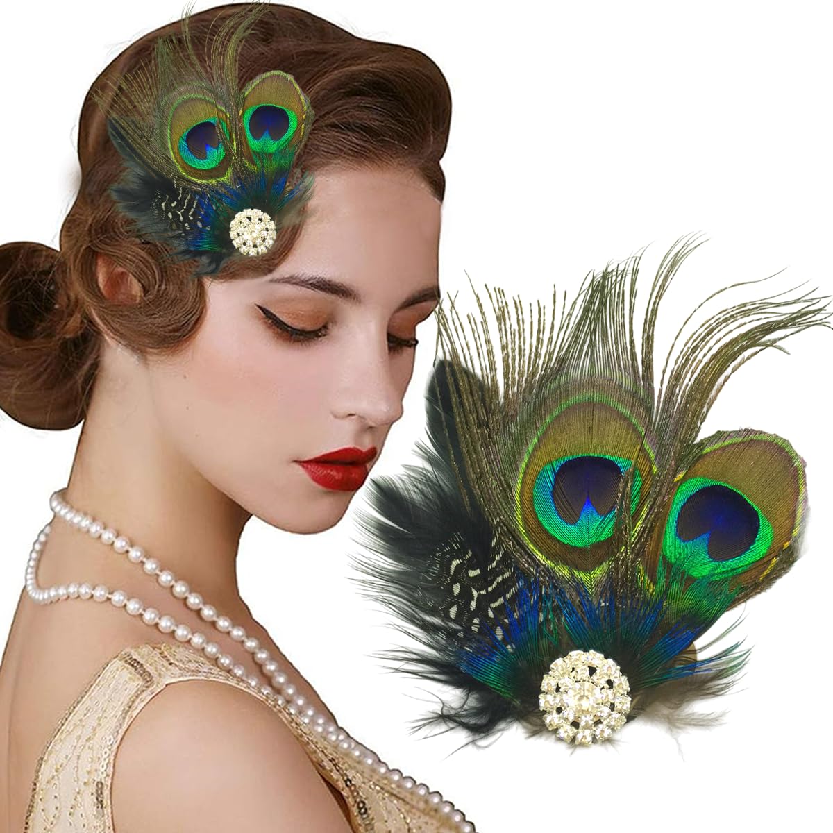 1 Pcs Art Decoration Vintage Peacock Feather Fascinator Hair Clip Rhinestone Bridal Wedding Party Accessories Women Faux Feather Headpiece Decorative
