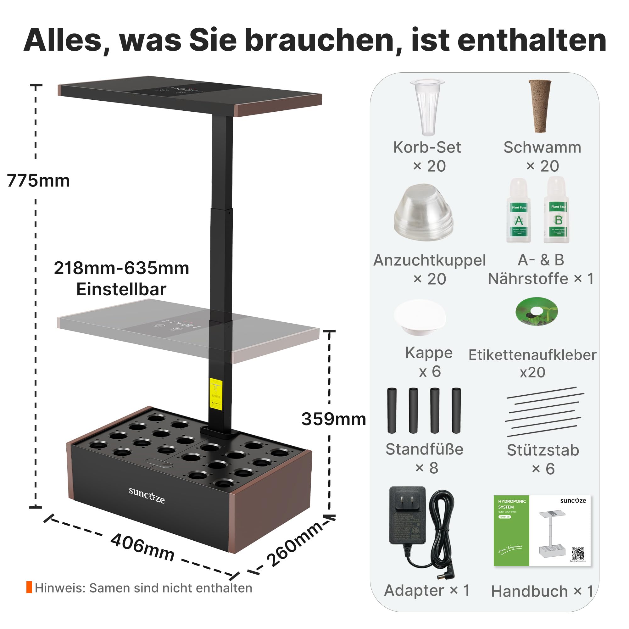 SUNCOZE Hydroponisches Anzuchtsystem mit 20 Pods, Indoor-Kräutergarten mit 30W LED Pflanzenlampe, Smart Garden mit 10L Wassertank, bis zu 635 mm Höhe, Keimset mit leiser Pumpe, Schwarz