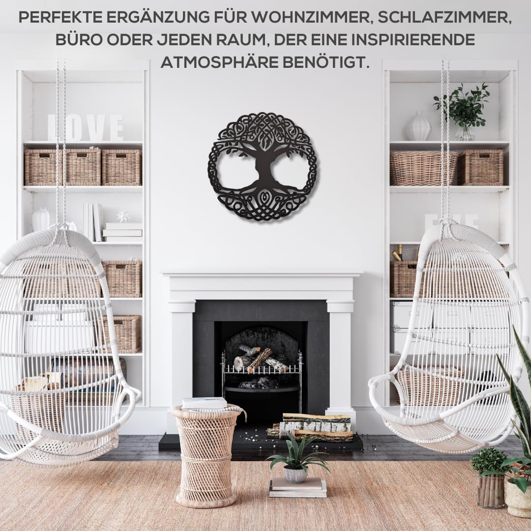 KUINEA® Keltischer Baum des Lebens Ø42cm – Rundes Wandbild aus Holz [Anthrazit] für Wohnzimmer, Schlafzimmer & Büro | Schwarzes MDF-Motiv in stilvollem Design