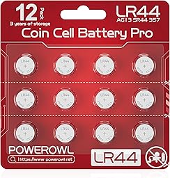 POWEROWL 12 Pcs LR44 Batteries for Watches, Christmas decorations, Bottle Lights, and Small Electronics (Red)