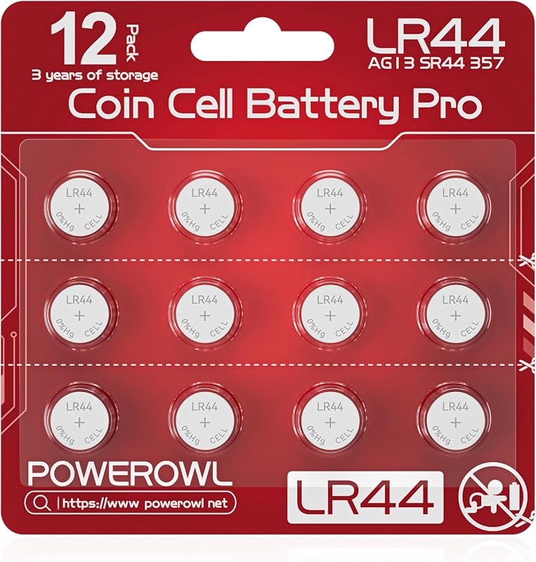 POWEROWL 12 Pcs LR44 Batteries for Watches, Christmas decorations, Bottle Lights, and Small Electronics (Red)