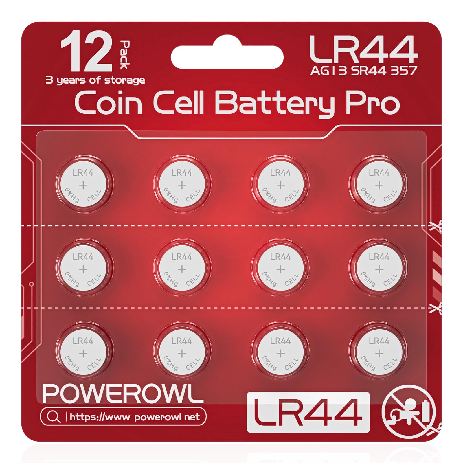 POWEROWL 12 Pcs LR44 Batteries for Watches, Christmas decorations, Bottle Lights, and Small Electronics (Red) - 1