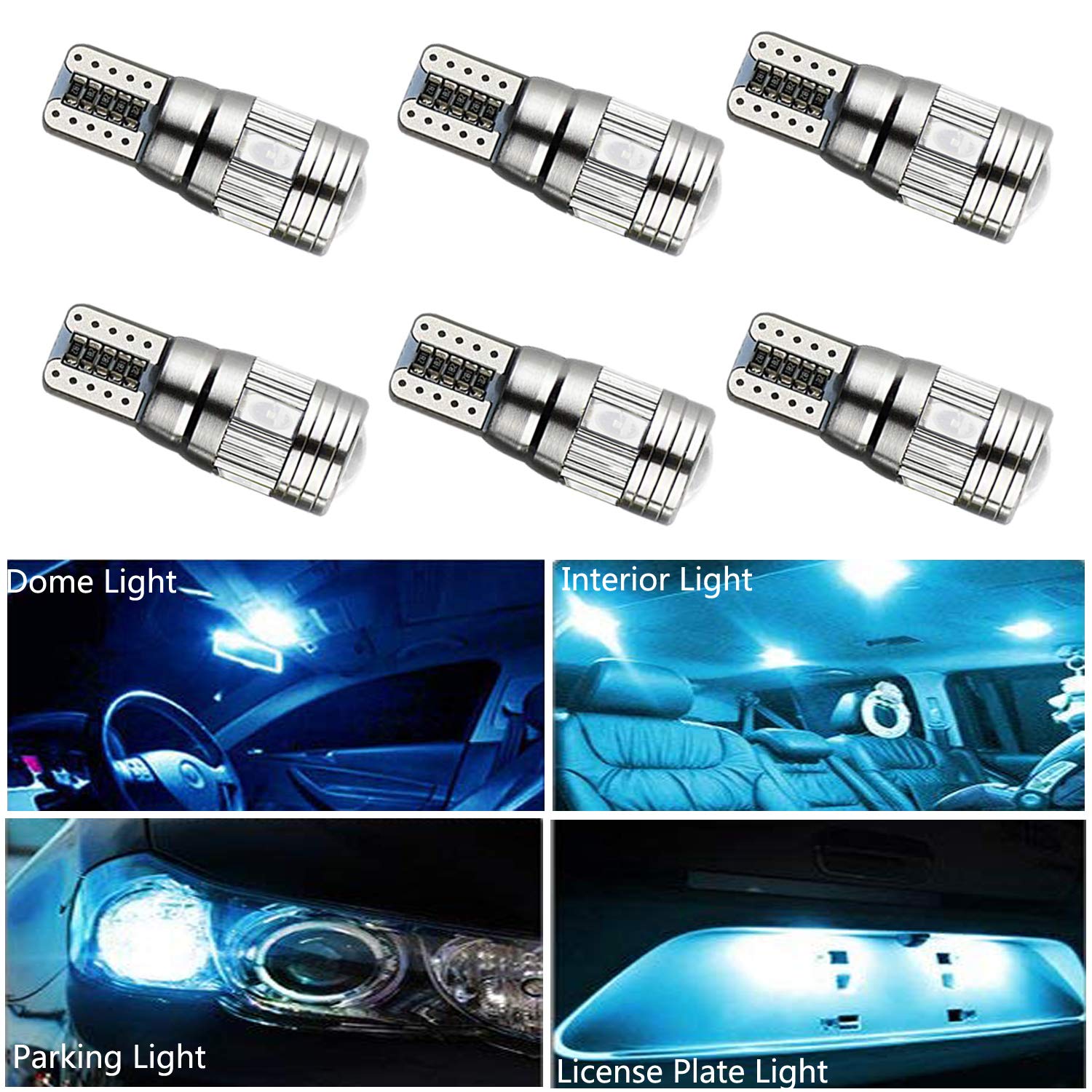 HOCOLO10 198 194 168 912 921 W5W 2825 8000K Color High Power LED Bulbs For Interior Dome/Map/License Plate/Parking/Door/Trunk Lights (6pcs T10 6-SMD Canbus Error Free, Ice Blue)