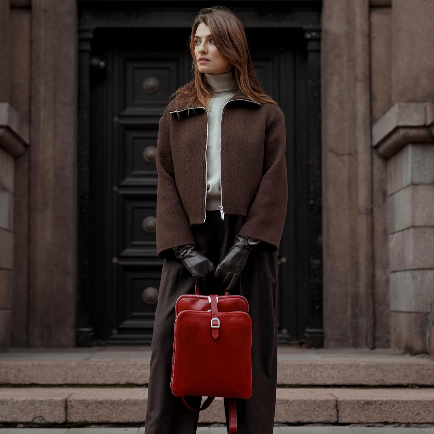 Time Resistance Leather Backpack - Convertible to Shoulder Bag - Full Grain Real Leather Travel Rucksack for Women (Red) - Image 3