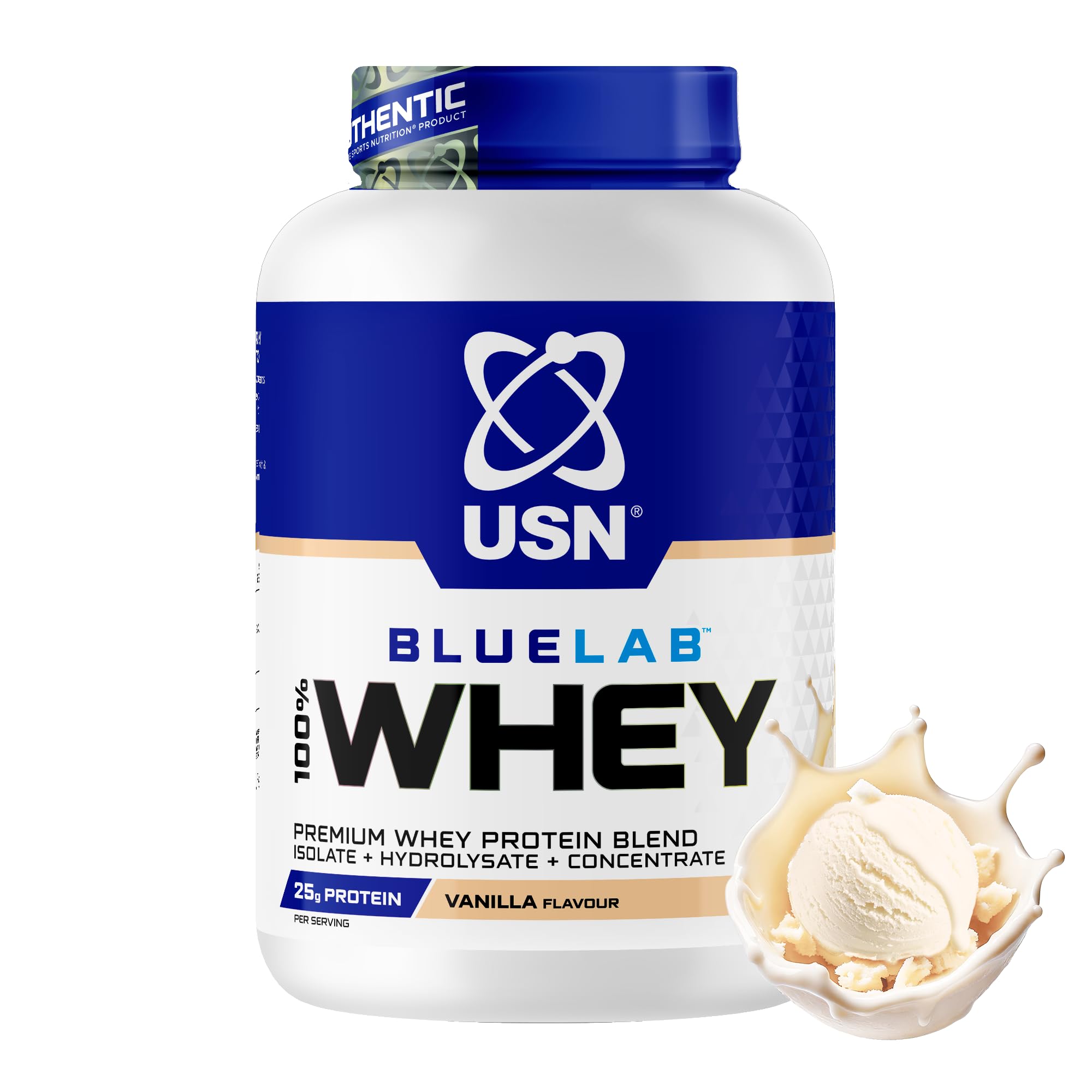 USN BlueLab 100% Whey Protein Powder 2kg (58 Servings) - 25g Protein - Whey Isolate, Hydrolysate & Concentrate Blend - High Protein Shake for Muscle Growth & Recovery - Vanilla
