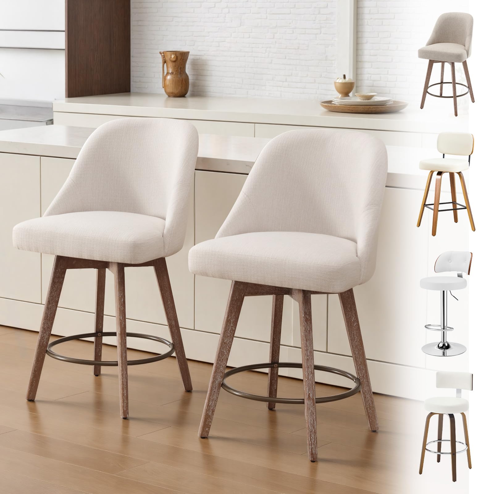 Bekrvio Counter Height Bar Stools Set of 2, Modern Mid-Century Swivel Barstools with Backs and Wood Legs, Linen Fabric Upholstered Chairs 65CM Seat Height Counter Stools (Linen Off White, 2PCS)