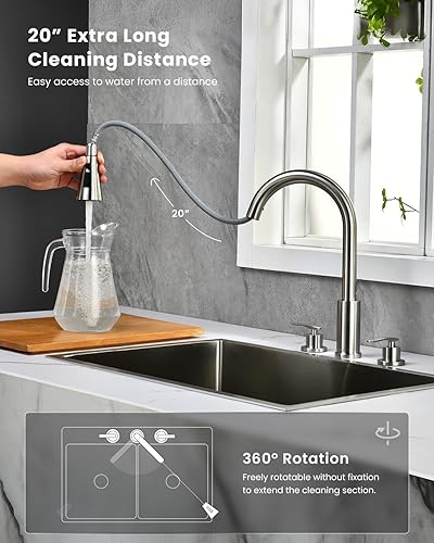 Miniatura 10 de DAYONE DAY-279ORB - Grifos para fregadero de cocina de 3 agujeros con dispensador de jabón y mango separado, 2 agujeros extraíbles de bronce