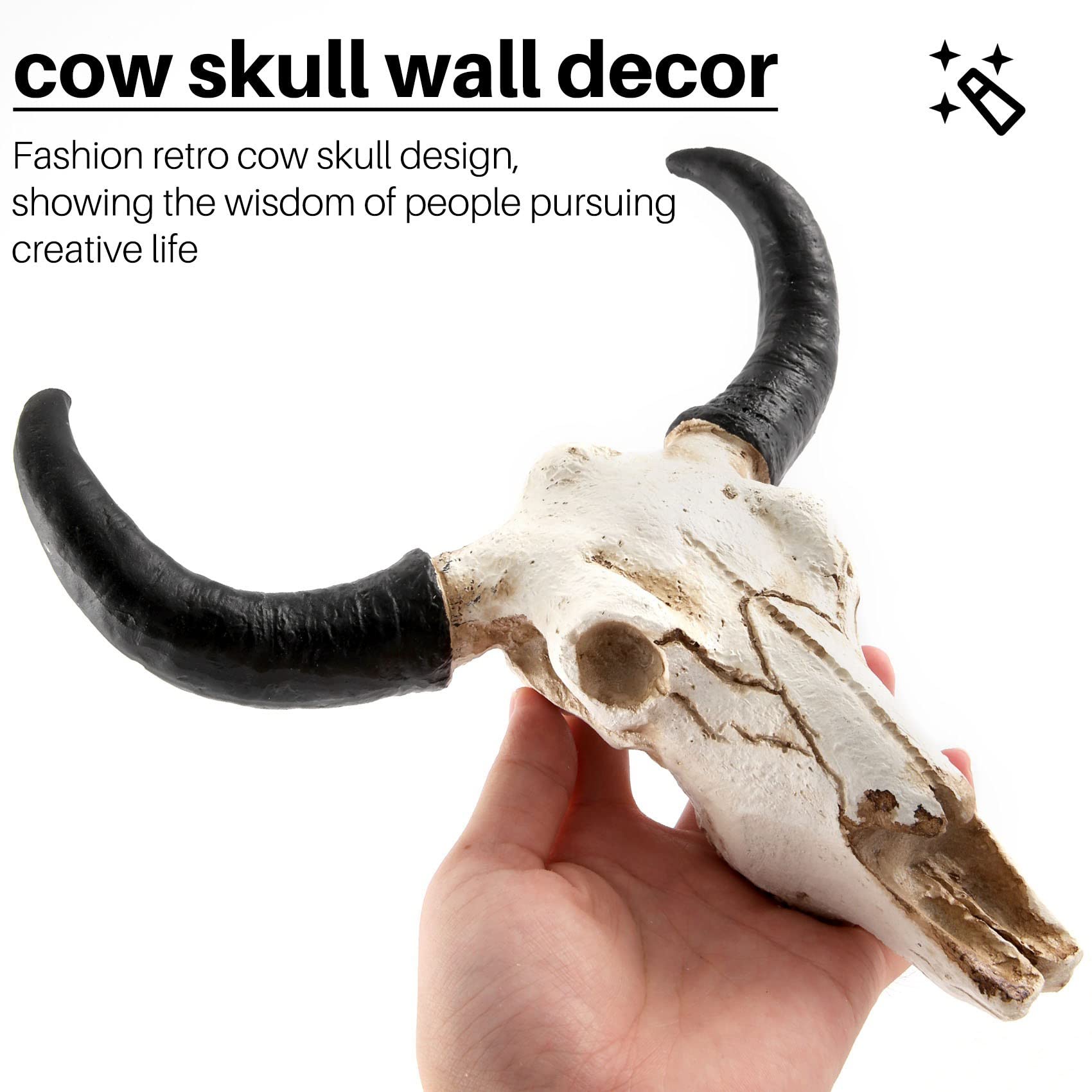 Teschio Di Mucca 3D In Resina Per Parete – Decorazione Western Con Corna Realistiche, Bianco E Nero, Facile Da Appendere