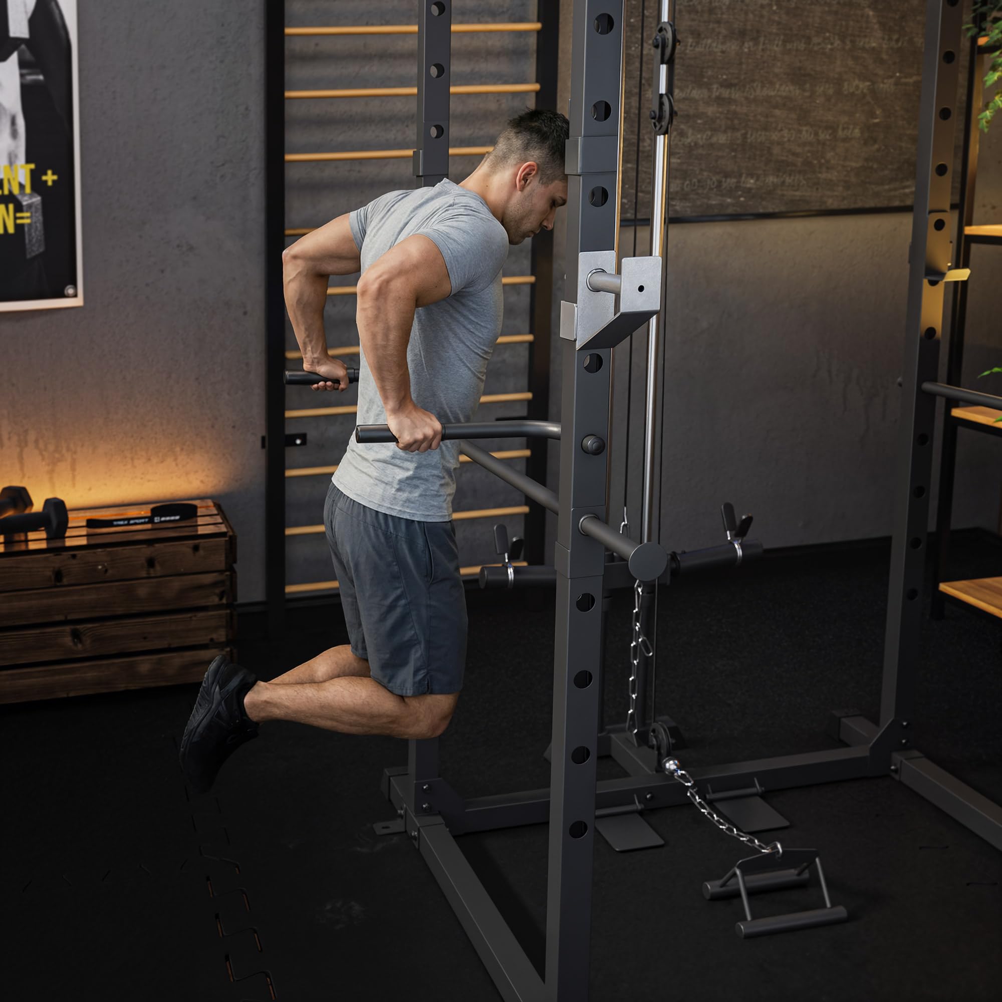 TREX SPORT Power Rack Multipresse mit Latzug Dip-Station bis 120kg TX-500PC | Powerrack mit Latzug oben/unten, Klimmzugstange, Squat Rack & Homegym mit verstellbaren Ablagen, Power Cage