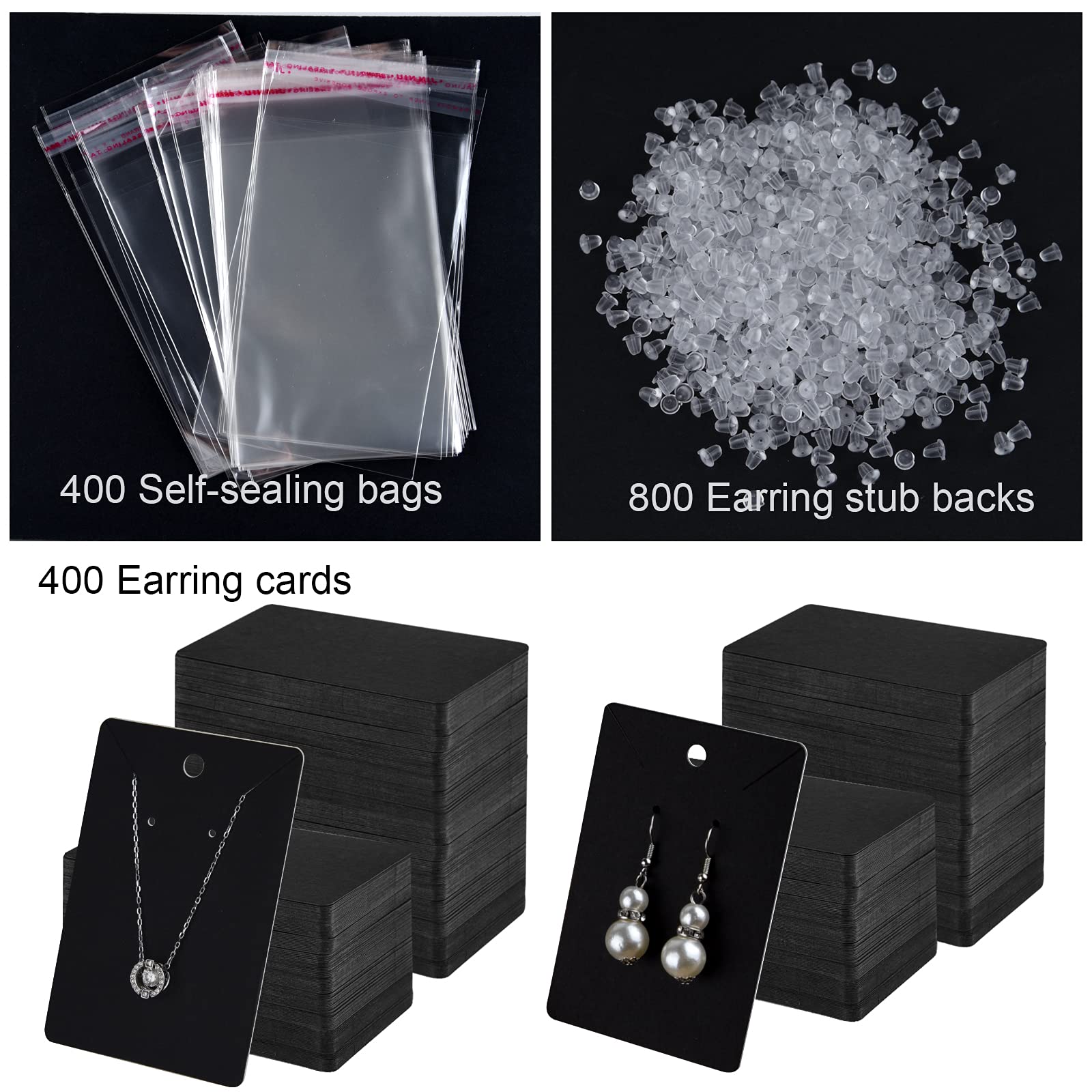 TUPARKA Lot De 400 Cartes Noires Pour Boucles D'oreilles Avec Sacs Auto- Scellants Et Fermoirs Transparents Pour Boucles D'oreilles, Colliers, Bijoux à Suspendre