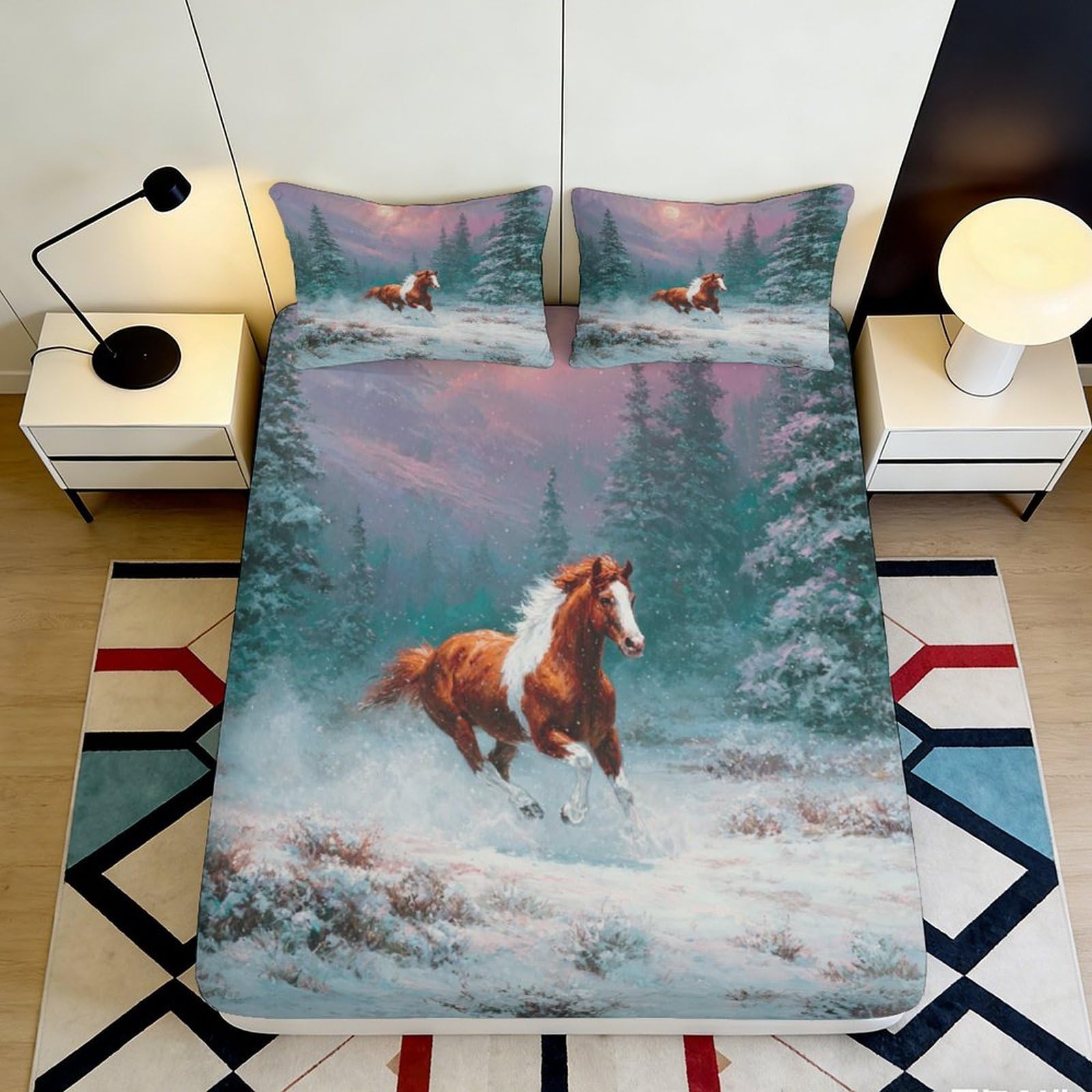 3D Printed Wild Horse Forest Fitted Sheet Microfiber Soft Breathable Running Horse Bed Sheet for Bedroom Dorm Decor 90x200x25cm