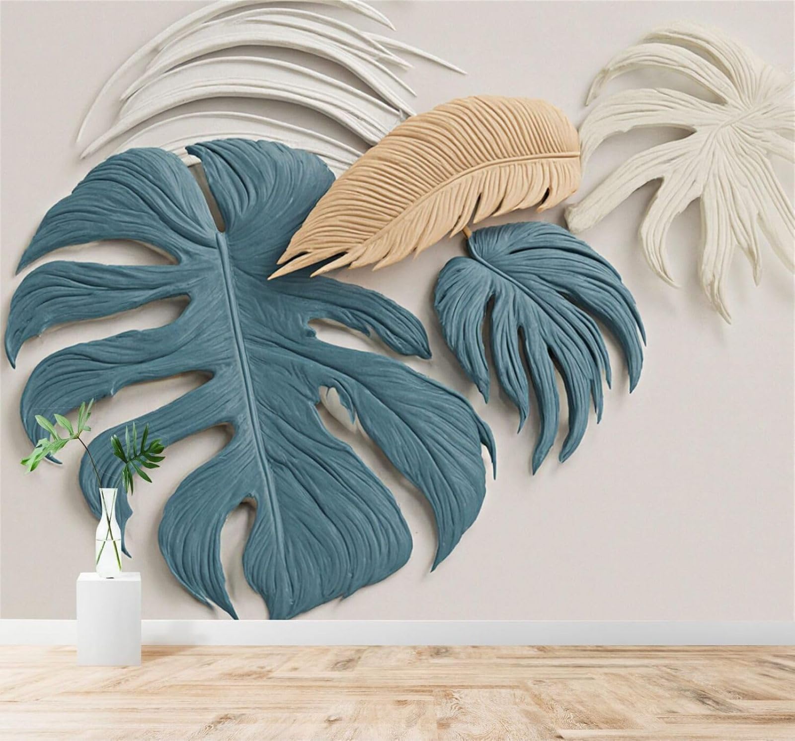Xlming 350Cm×256Cm(B×H) Three Dimensional Tropical Plants Blue Beige Palm Leaves 3D Wallpaper Silky Texture Home Study Office Grey Dining Room Sofa Bedroom Living Room Tv Backdrop-350Cm×256Cm