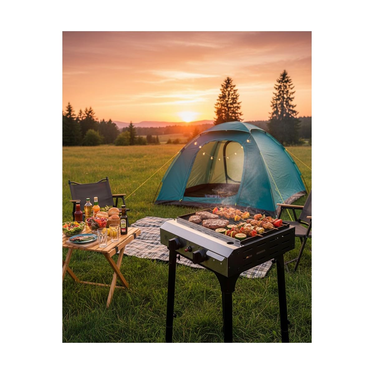INTEC - Plancha gaz 4800W 2 Bruleurs Allumage Piezo Hauteur Réglable - Plaque de cuisson Céramique Camping Butane/Propane Cuisine Extérieure