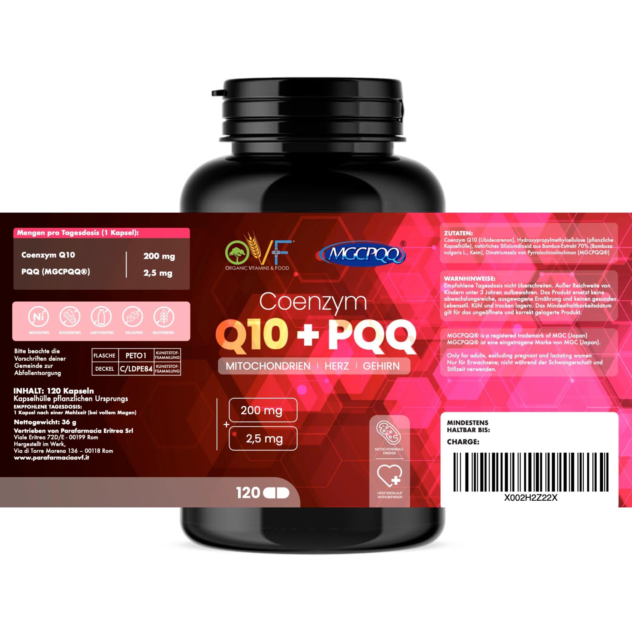 OVF Coenzym Q10 + Pqq 120 Kapseln 200mg Coenzym Q10 Kapseln Hochdosiert Coq10 Nahrungsergänzungsmittel Energía y Bienestar Reduce el Cansancio Antioxidantien Hochdosiert Vegan Made In Italy