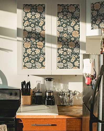 Miniatura 4 de Cohoo Home Papel tapiz floral negro para despegar y pegar, papel tapiz vintage con flores para armarios y cajones, papel tapiz bohemio autoadhesivo