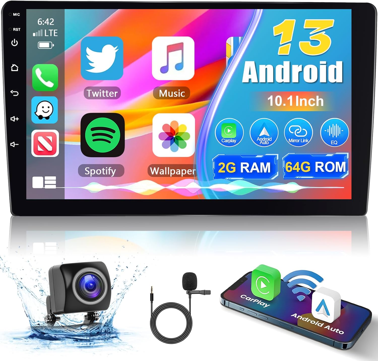 Front view of the podofo 10.1 inch Android 13.0 Car Stereo displaying the Android 13 interface with app icons for Twitter, Music, Spotify, Wallpaper, Carplay, Android Auto, Mirror Link, and EQ. Below the stereo are images of the included AHD backup camera, external microphone, and a smartphone showing wireless CarPlay and Android Auto.
