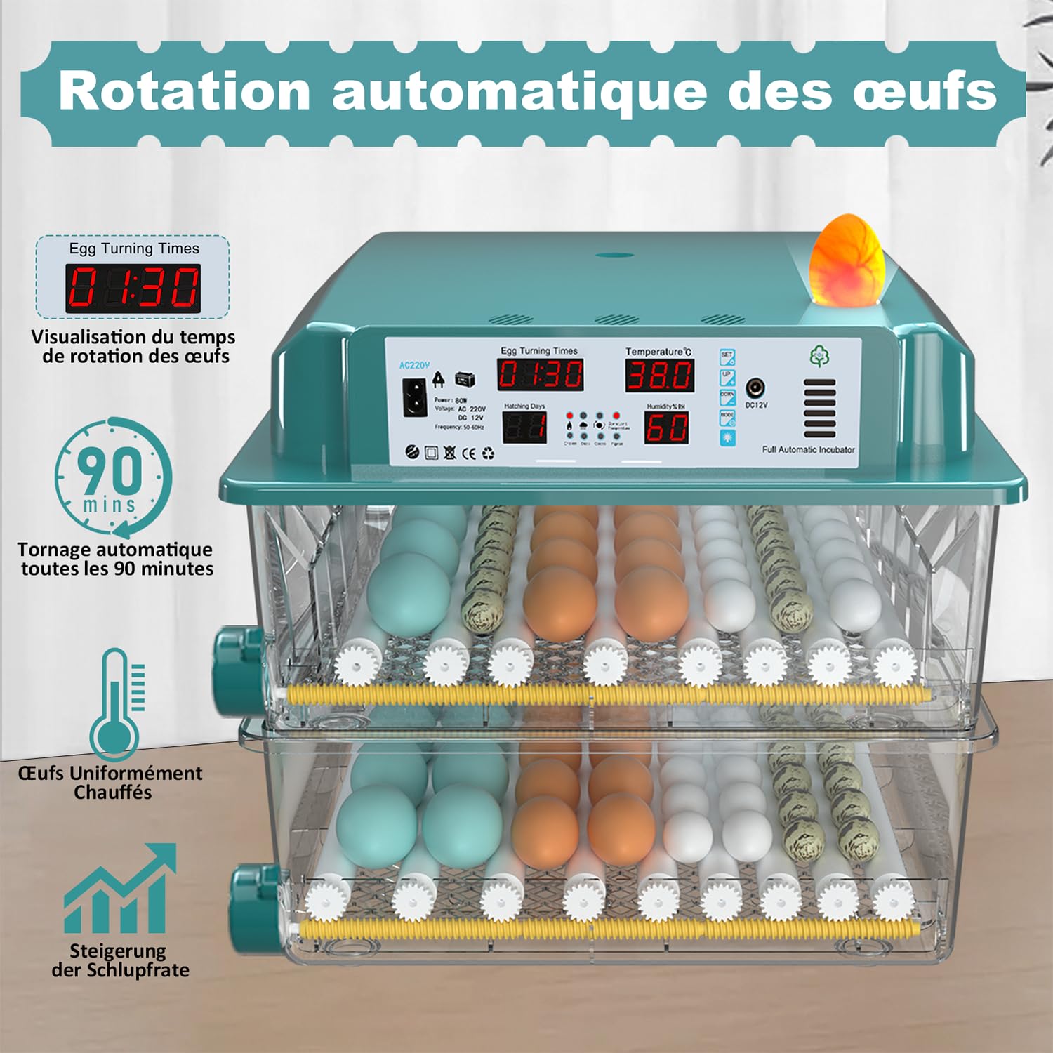 Incubateur Oeuf Automatique 120 Œufs, Couveuse Oeuf Automatique avec 4 Modes d’Incubation Automatique, Affichage Température & Humidité, Remplissage d’Eau Automatique, Couveuse pour Volaille & Poultry