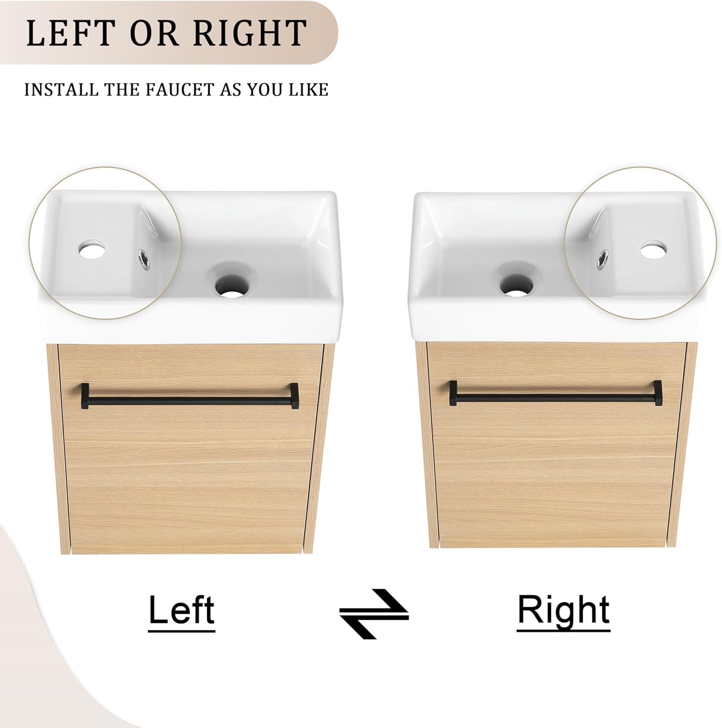 KEIKI 16'' Bathroom Vanity Cabinet with Sink, Wall Mounted Floating Bathroom Vanity with Soft-Close Cabinet Door, for Small Bathroom, Light Oak