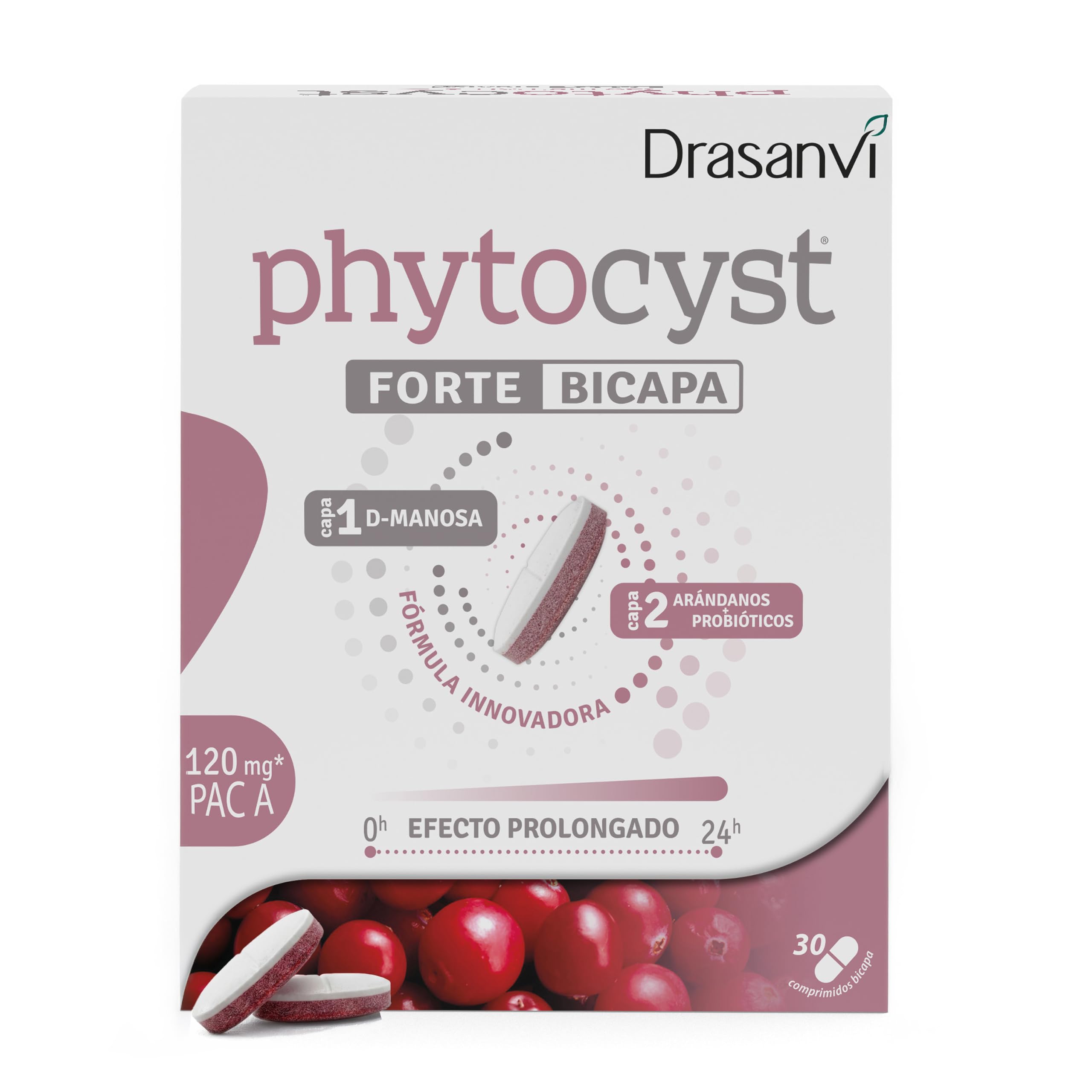 Drasanvi PHYTOCYST con Arándano Rojo Americano 120 mg PAC-A | para el Sistema Inmunitario y Urinario| con Probióticos y Vitamina C | 30 Comprimidos