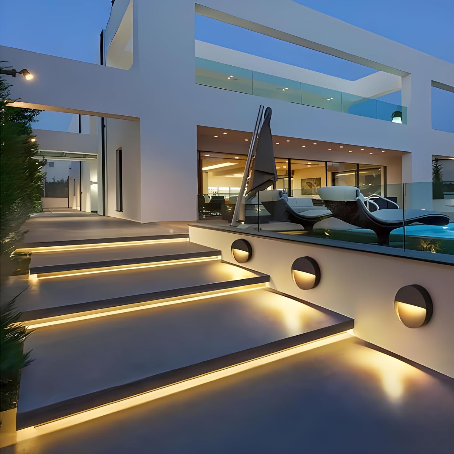 Outdoor stairs illuminated with warm white FORT LED Neon Rope Lights, creating a welcoming ambiance.