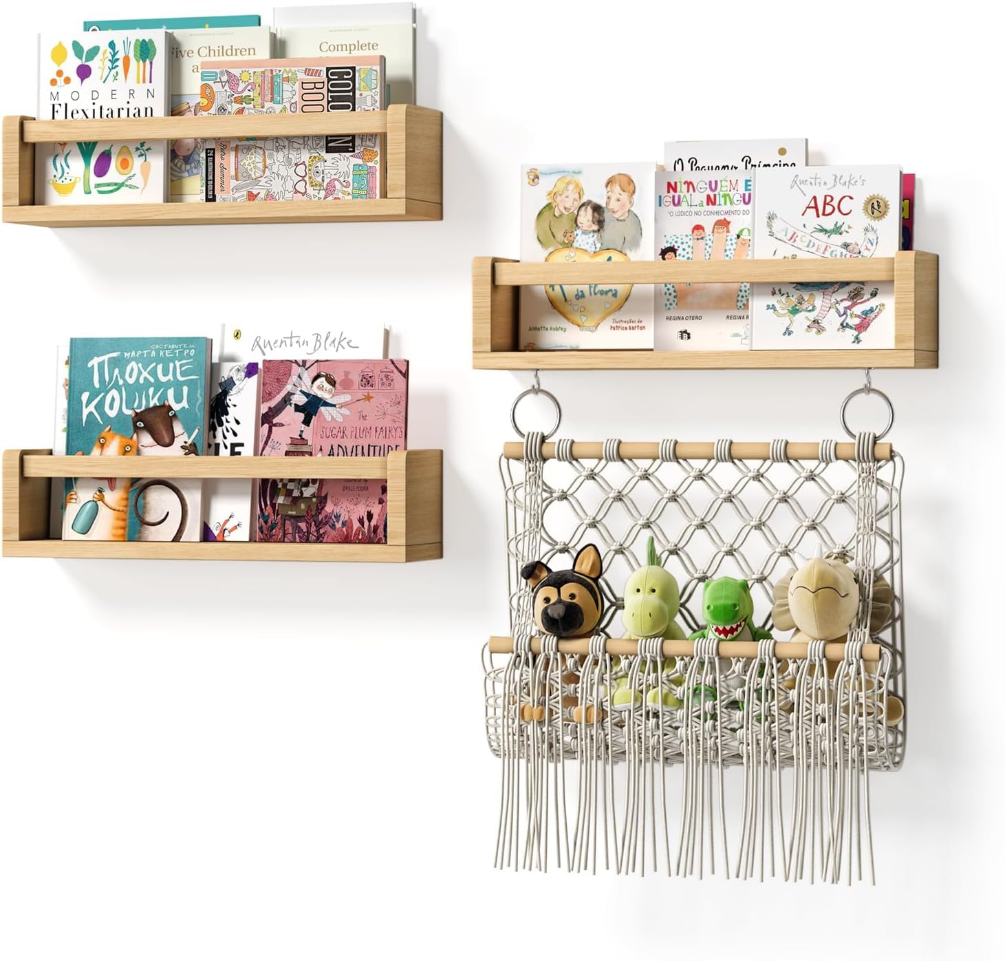 BBLIKE Estantes de Madera de Pared Juego de 3-42cm Baldas Flotantes para Niños con Red de Peluches, Maciza Librería Infantil para Libros para Guardería y Habitación Infantil Decoración