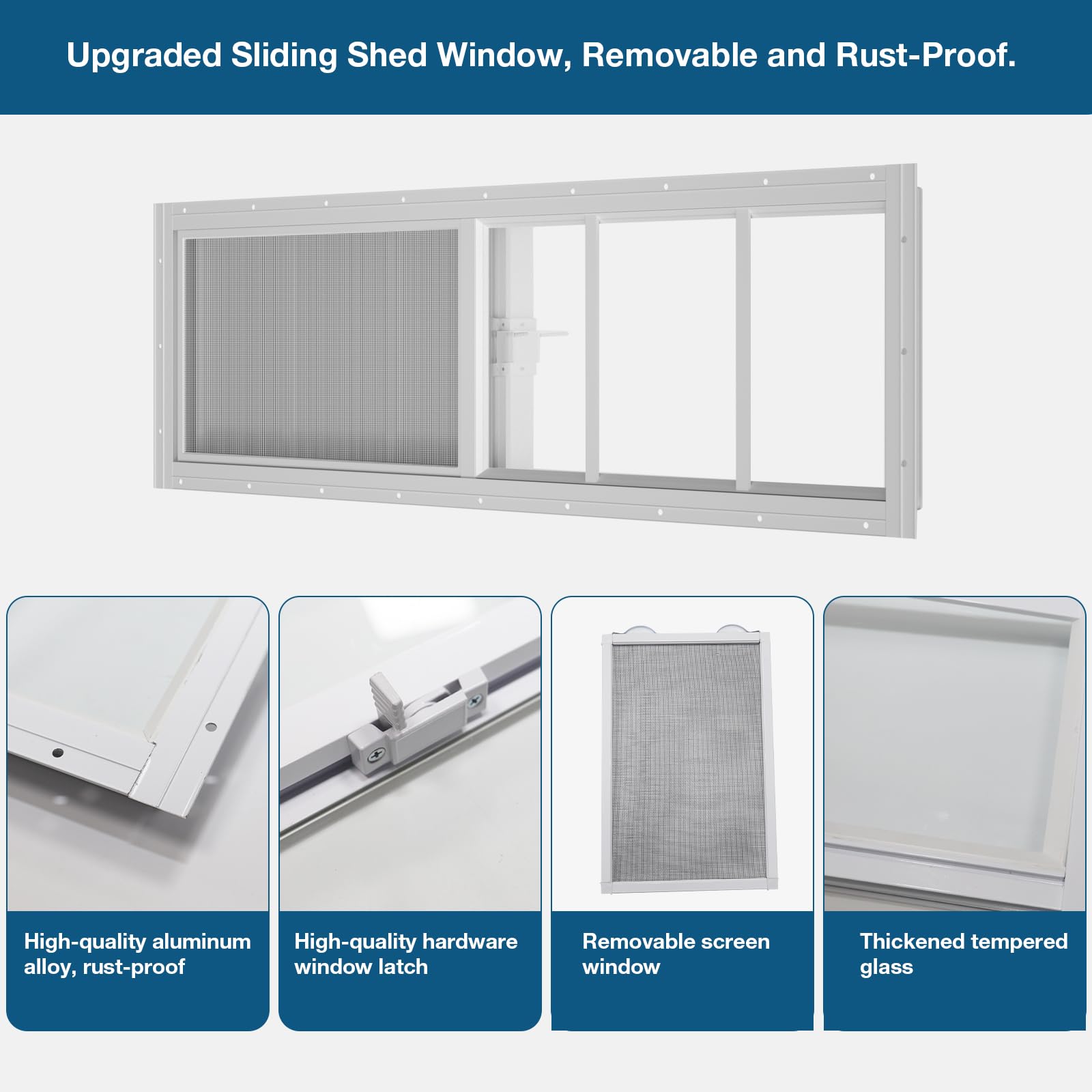 Yuzzy Paquete de 2 ventanas correderas de 12 x 36 pulgadas con vidrio templado y pantalla de fibra de vidrio extraíble para cobertizo, gallinero, casa de juegos, hogar, garaje, graneros (blanco)