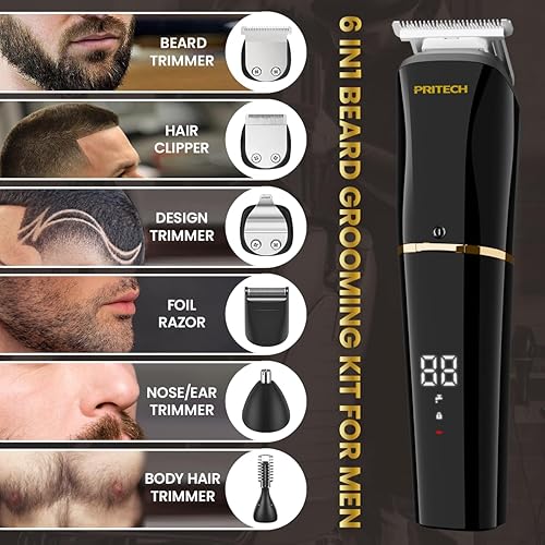 Miniatura 3 de PRITECH Cortadora de barba para hombres, kit de cortapelos 6 en 1, kit de aseo inalámbrico de precisión impermeable IPX6 para barba, cabello,