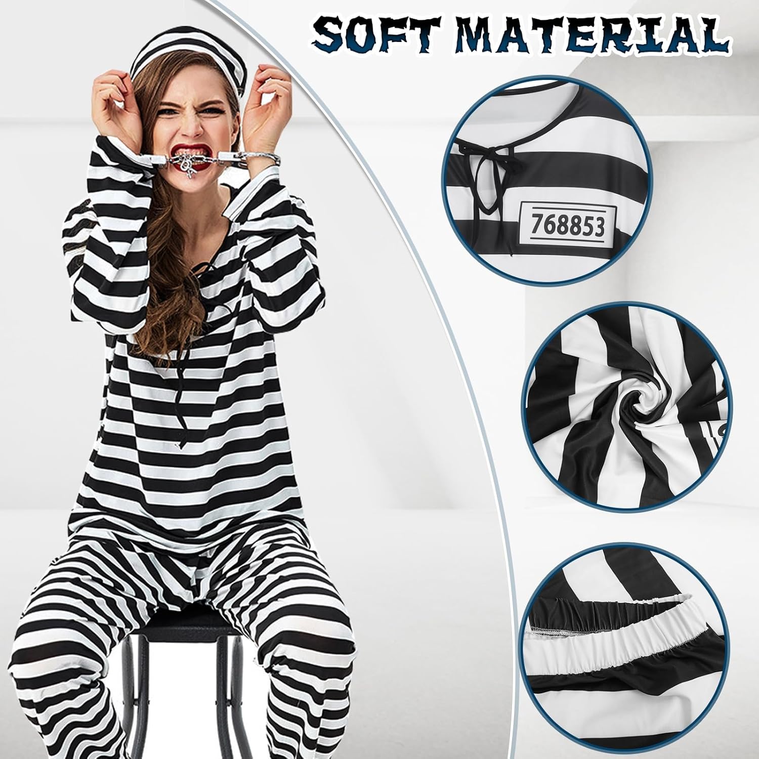 6 Pcs Men Adult Jail Prison Outfit Prisoner Costume Pant Suit Halloween Black White Striped Convict Inmate Uniform - Image 3