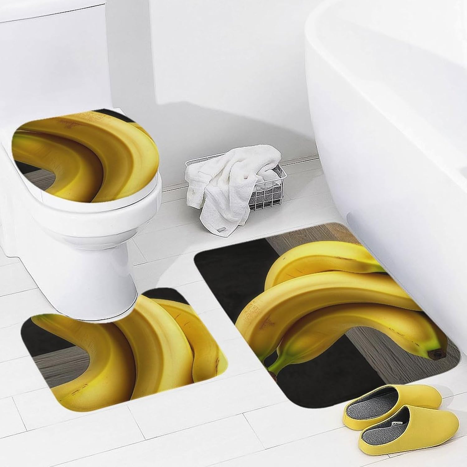 Anti-Skid Floor Mats 3 Piece Set,Yellow Banana Printed Coral Fleece Bathroom Mats U-Shaped Contour Mat Toilet Seat Cover for Bathroom, Tub, Shower, Kitchen 19.7"x31.5"
