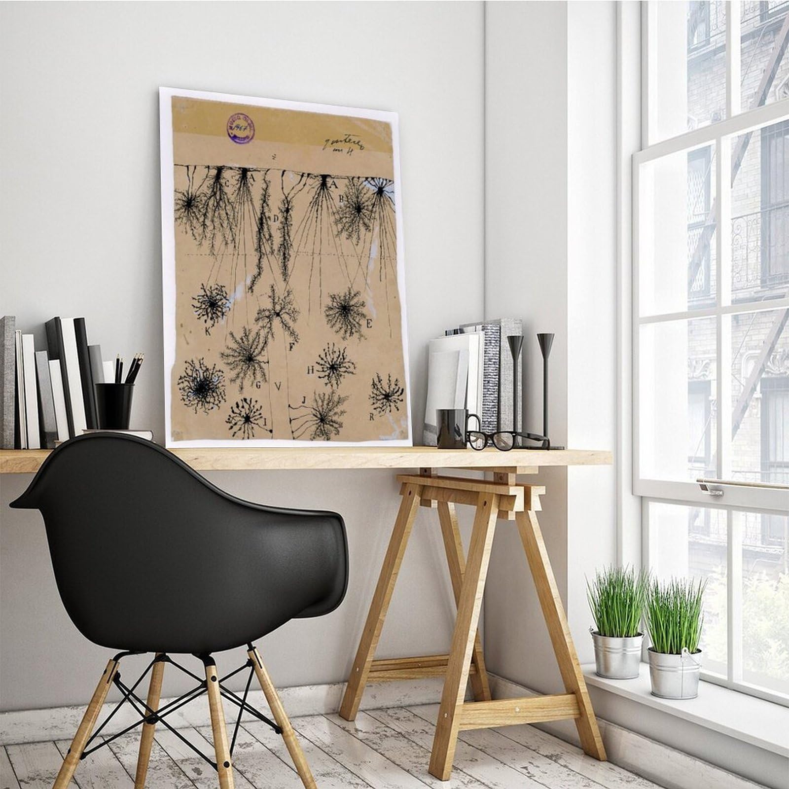Cuadro de neuronas Cajal – Póster de anatomía cerebral antigua de células gliales para dormitorio, lienzo para decoración de pared, oficina, habitación, decoración estética, marco de regalo, 12 x 18
